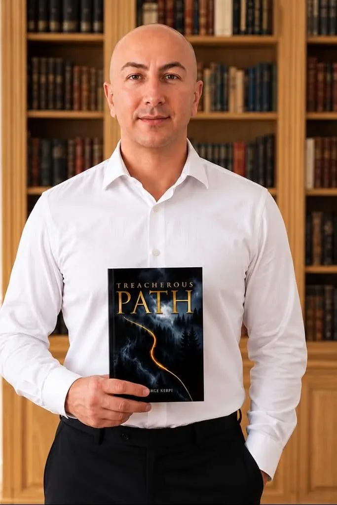 George Kerpi standing in a library, holding a copy of Treacherous Path.